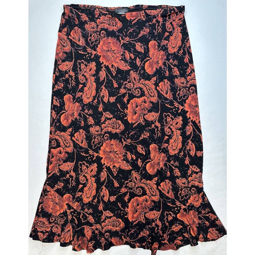 Floral Maxi Skirt NYPL Collection Slinky Knit Sz Large Red/Black Pull On Long